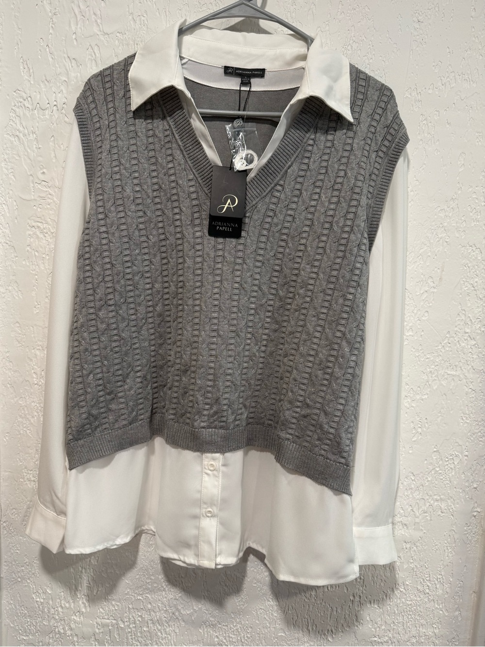 Adrianna Papell Women's Twofer Sweater Vest Blouse Grey Size L